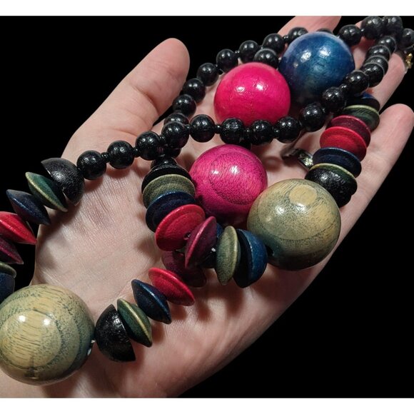 Vintage Rainbow Stained Wood Beaded Necklace - Picture 3 of 5